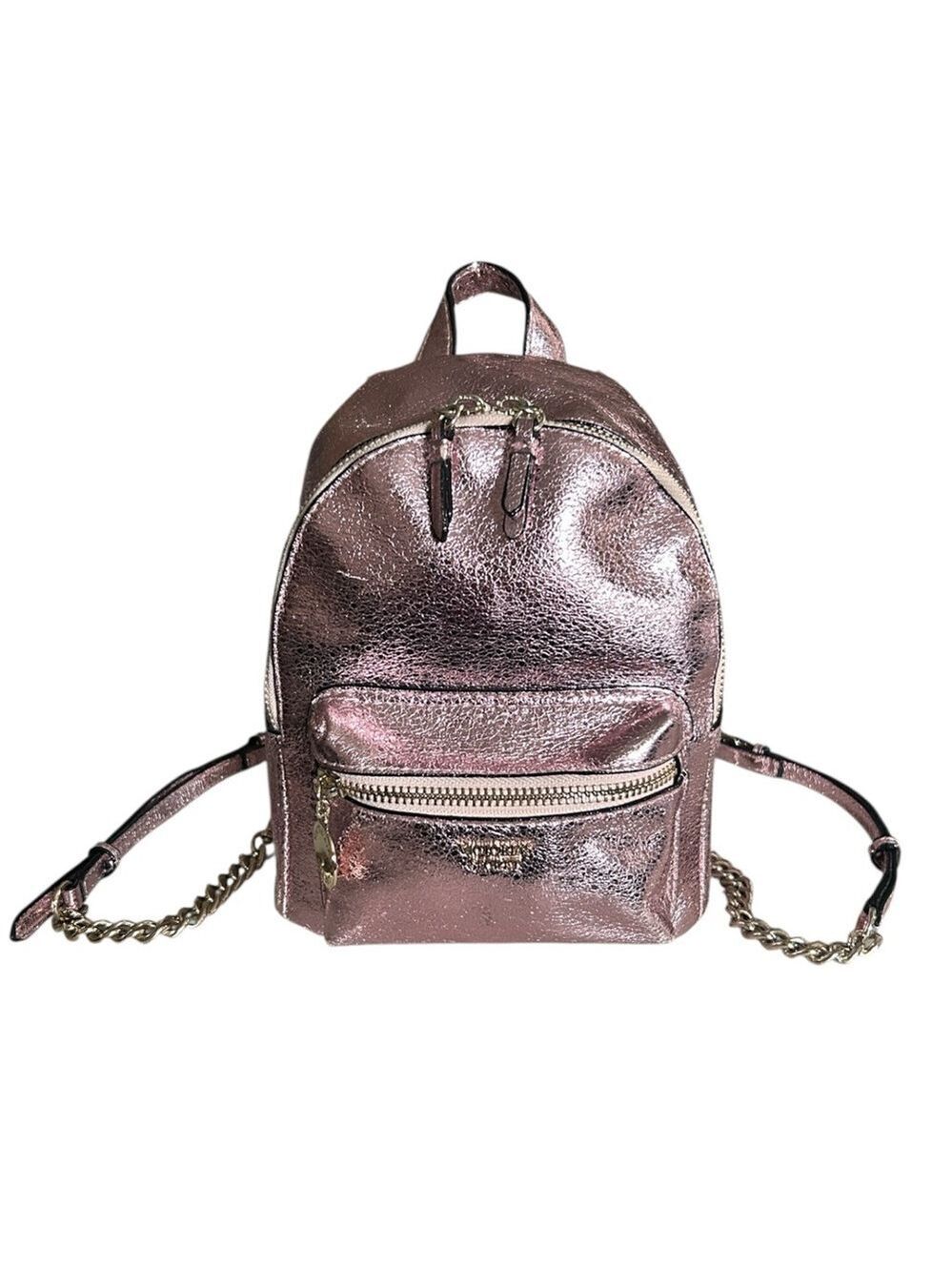 Victoria's Secret Pink Metallic Crackle Mini City Backpack Bling Chain Accent